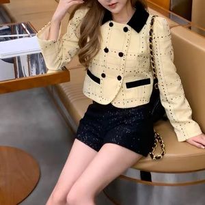 Lemon Yellow Black Accent Glam Preppy Tweed Blazer Jacket Top